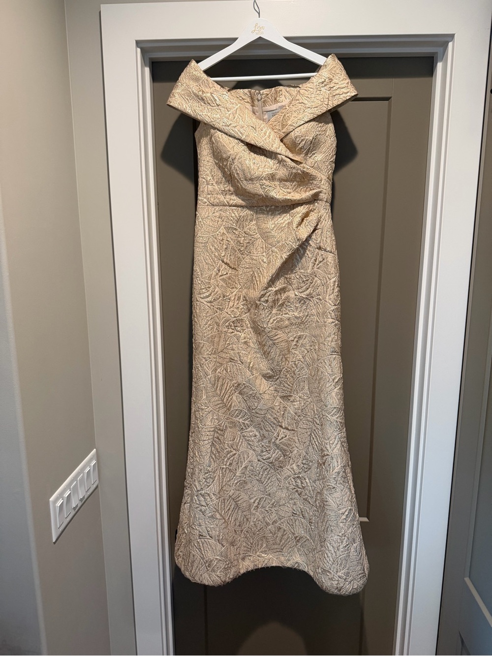 Rickie Freeman for Teri Jon Off-Shoulder Textured Evening Gown in Champagne Gold